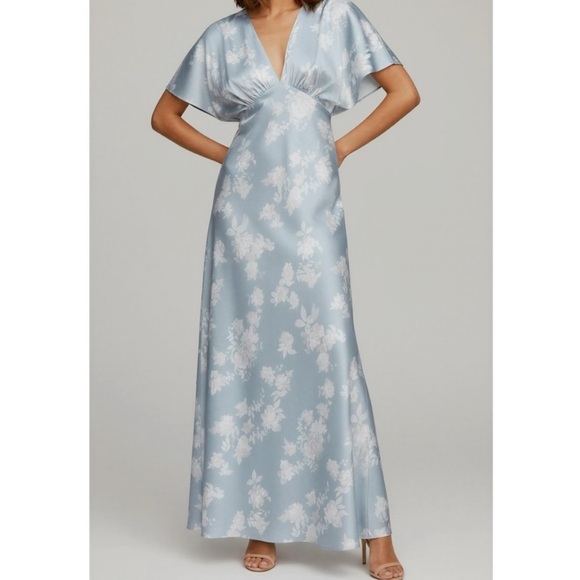 BHLDN Dresses & Skirts - BHLDN Leila Blue Floral Maxi Dress 4 Deep V Flutter Sleeve Bridal Guest Shower